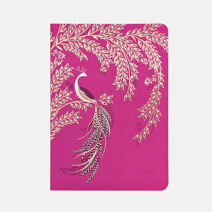 Fuchsia notebook with peacock and foliage design.