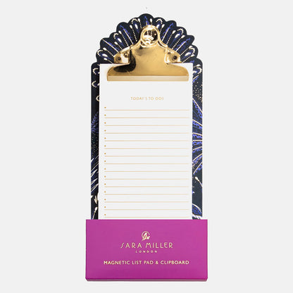 Magnetic list pad with clipboard and peacock feathers design, to-do list style.