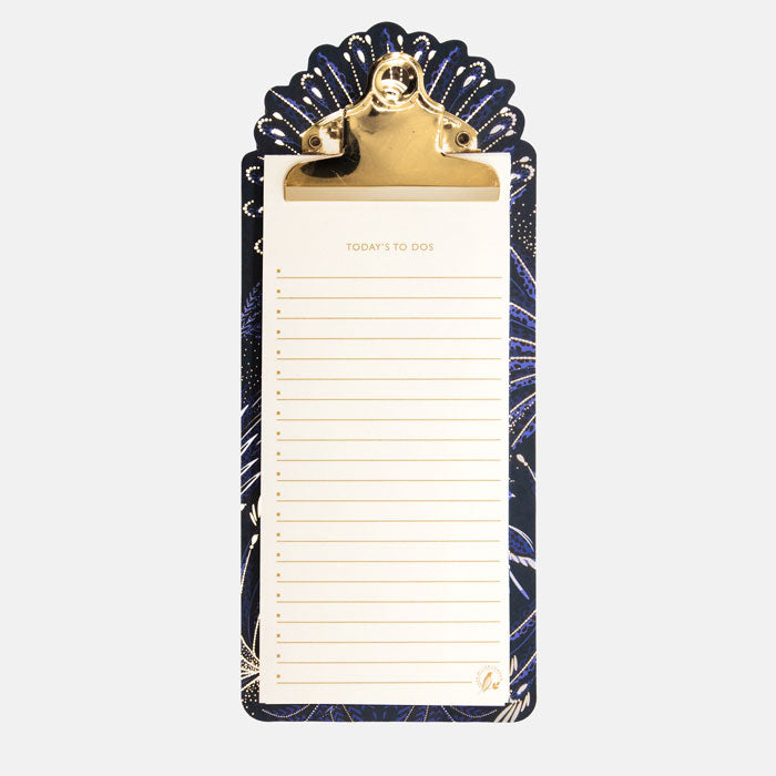 Magnetic list pad with clipboard and peacock feathers design, to-do list style.