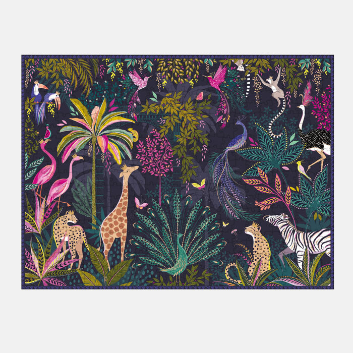 Colourful jungle themed puzzle with animals and foliage.
