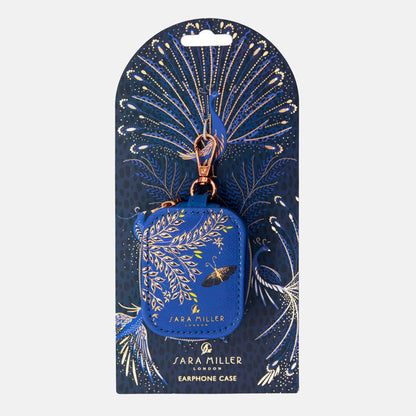 Cobalt earphones pouch with butterfly design and gold embellished details, and gold clip to attach to your bag. Presented on card with peacock feathers design.