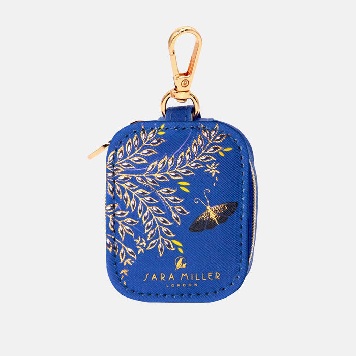Cobalt earphones pouch with butterfly design and gold embellished details, and gold clip to attach to your bag.