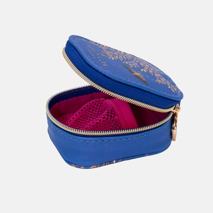 Cobalt earphones pouch with butterfly design and gold embellished details, and gold clip to attach to your bag. Shows fuchsia inside lining with elasticated mesh pocket.