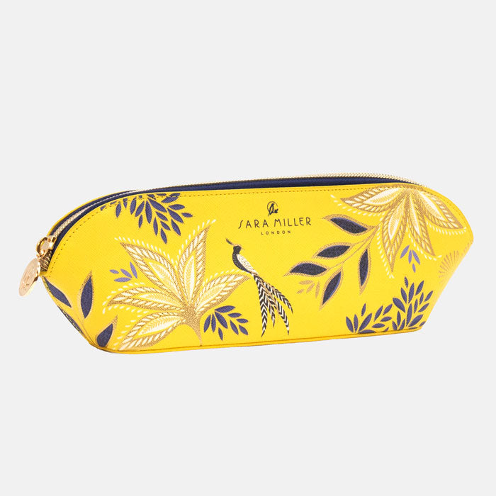 Yellow pencil case with botanic blooms design and gold detailing.