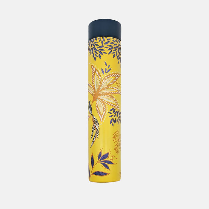 Yellow water bottle with botanic bloom design and gold detailing.