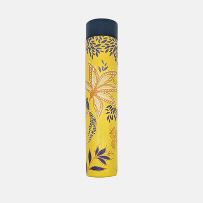 Yellow water bottle with botanic bloom design and gold detailing.