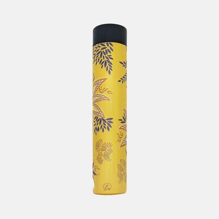 Yellow water bottle with botanic bloom design and gold detailing.