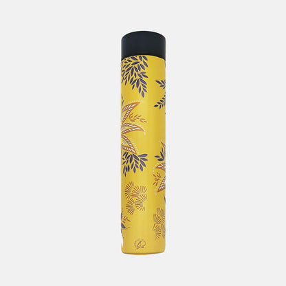 Yellow water bottle with botanic bloom design and gold detailing.
