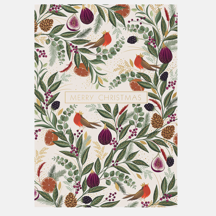 A rectangular Christmas greeting card  with festive foliage design, including green leaves, purple figs, red birds, pinecones, berries, and the words “MERRY CHRISTMAS” in a cream banner across the centre.