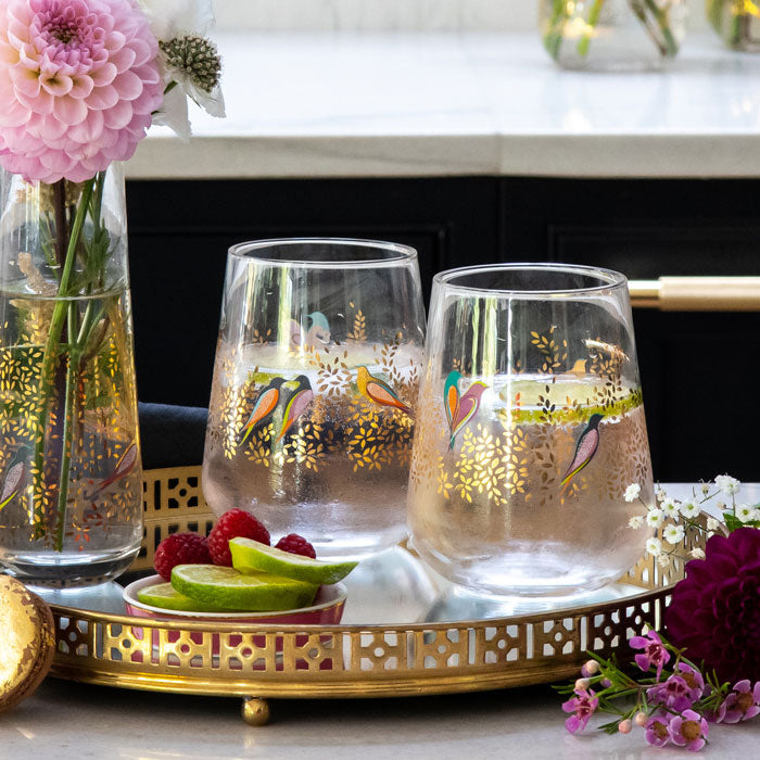 Verre à vin en verre à motif de feuilles d'or et d'oiseaux - Lot de 2