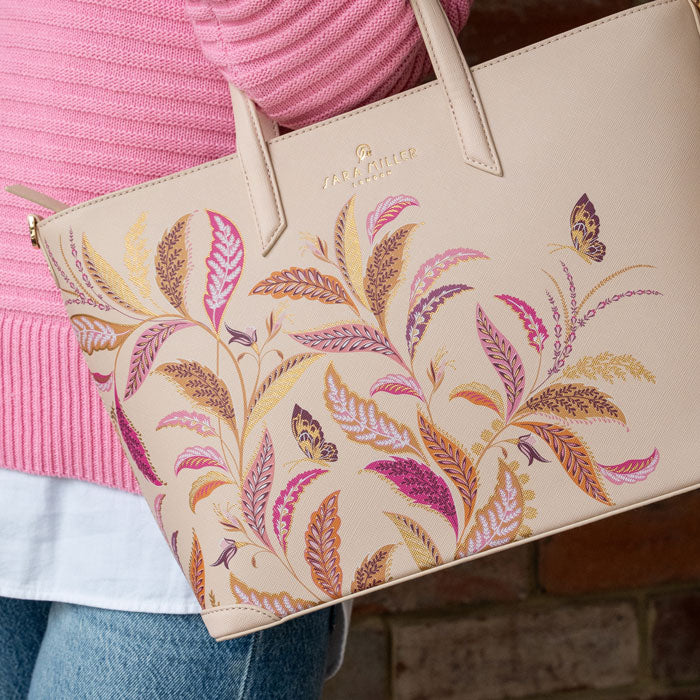 Close up of pattern on handbag.