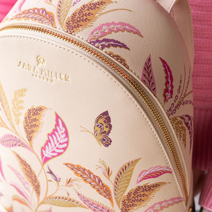Close up of bag, can see gold embossed Sara Miller London logo details.