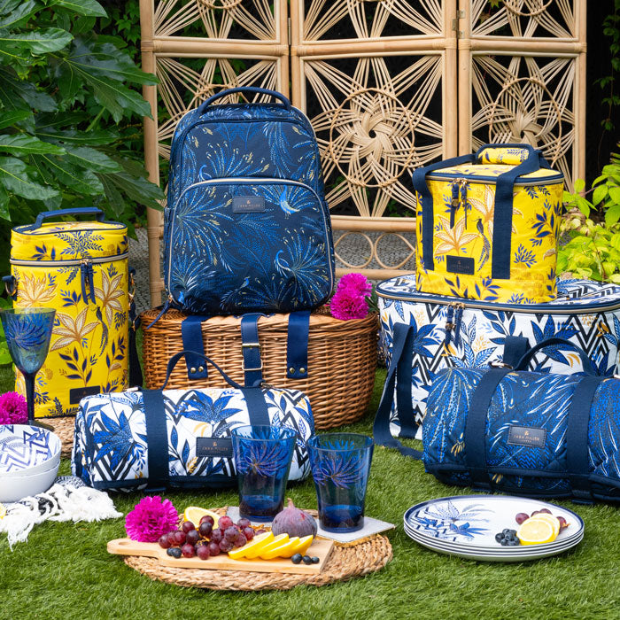 Outdoor setting with blue and yellow patterned bags and picnic items on grass