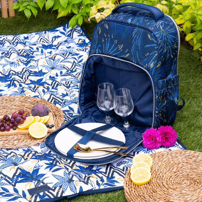 Blue peacock patterned cooler backpack with picnic setup