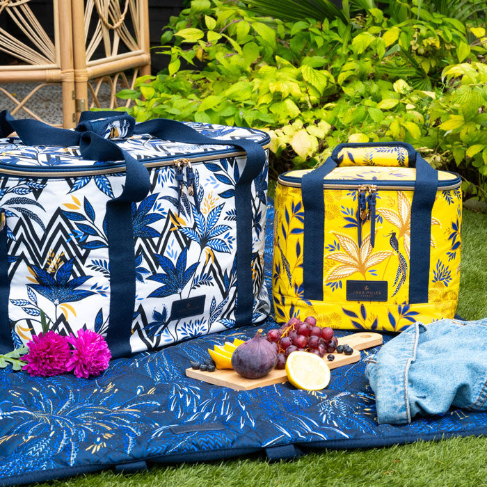 Two floral-patterned coolers on a picnic mat with fruits and a blanket outdoors.