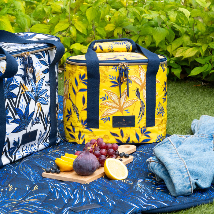 Two patterned coolers on a picnic blanket with fruits and a blue jacket.