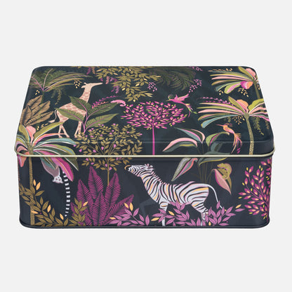 Tin storage container featuring a jungle themed design with tropical foliage and animals, on a dark green base.