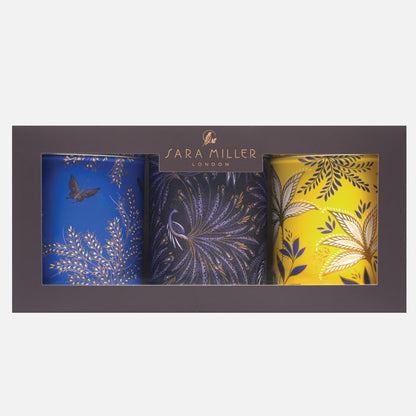 Three round tin storage caddies in a box, in different colours yellow, cobalt and indigo, each with different floral and bird designs.