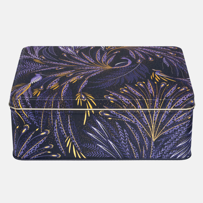 Rectangular tin featuring peacock parade design with swooping tail feathers, in velvety indigo.