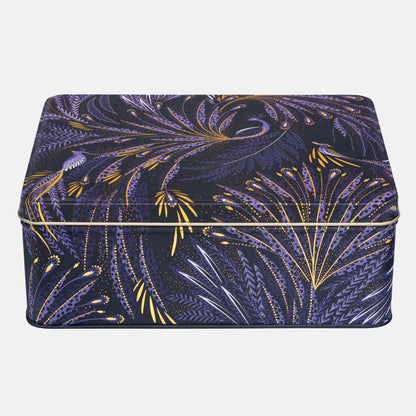 Rectangular tin featuring peacock parade design with swooping tail feathers, in velvety indigo.