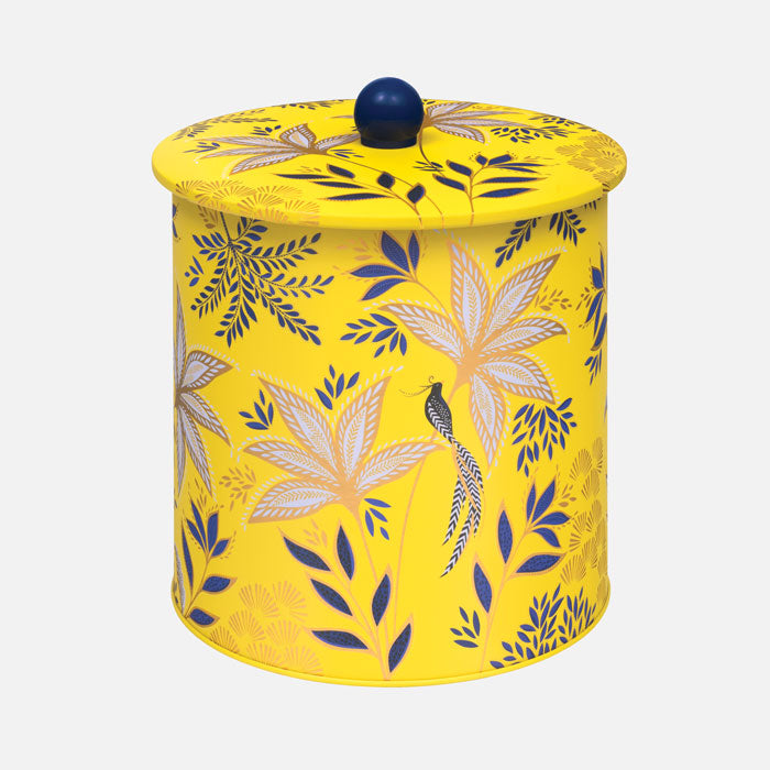 Biscuit barrel in warm yellow colour, with botanic blooms design and gold detailing.