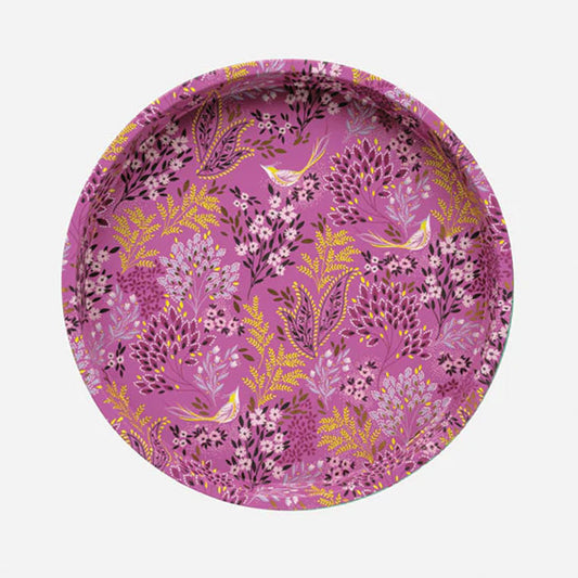 Plateau rond en étain à motif d'oiseaux chanteurs mauves