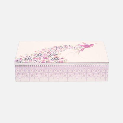 Small rectangular tin with hummingbird design and floral details, pink and beige shades.