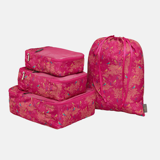 Set of four packing cubes and drawstring bag, shows scale of each.