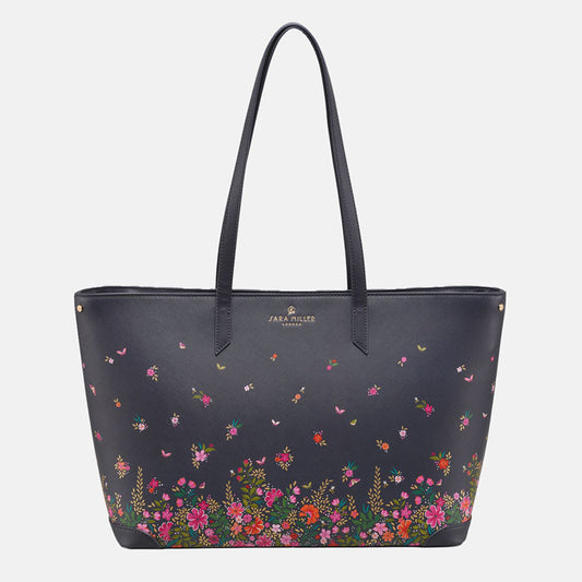Ditsy floral large tote bag, long straps, deep navy blue colour.