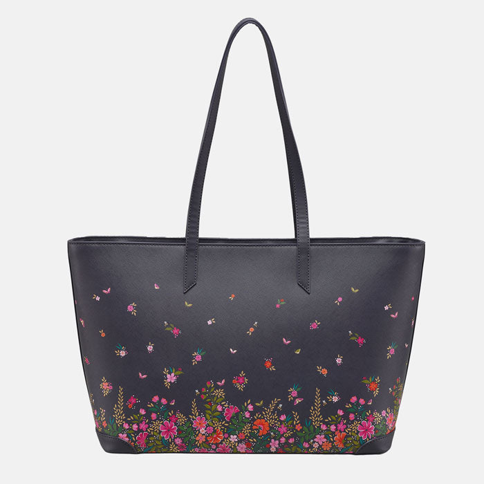 Ditsy floral large tote bag, long straps, deep navy blue colour.