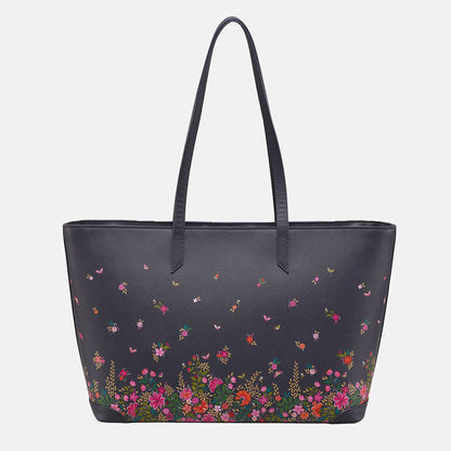 Ditsy floral large tote bag, long straps, deep navy blue colour.