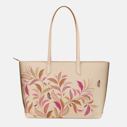 Cream tote bag with floral pattern from the back, pattern continues to reverse.