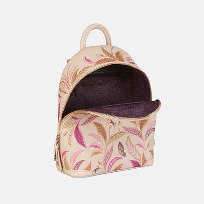 Shows inside of bag, soft plum lining with delicate leaves pattern and internal zip pocket.