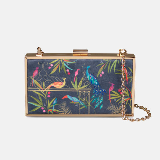 Clutch bag with colourful bird and floral design on a navy backdrop