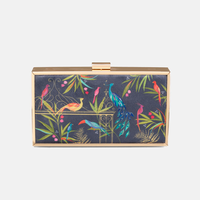 Clutch bag with colourful bird and floral design on a navy backdrop