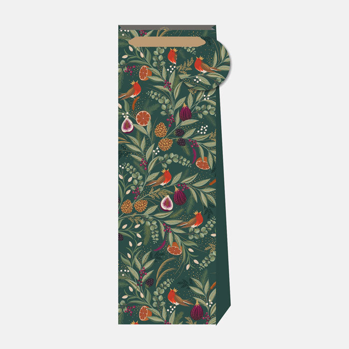 Green bottle bag with winter foliage, figs and robins.