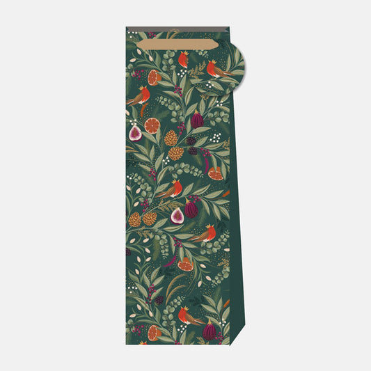 Green bottle bag with winter foliage, figs and robins.