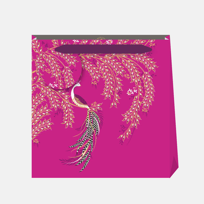 Pink gift bag featuring elegant bird design, with matching gift tag and pink ribbon handle.