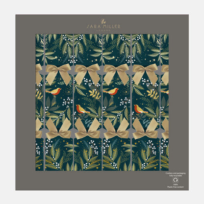 Christmas crackers with decorative pattern featuring bows, birds, and foliage on a dark green background.