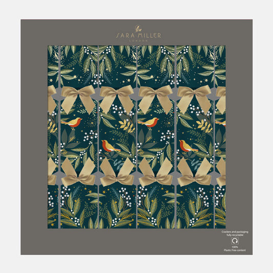 Christmas crackers with decorative pattern featuring bows, birds, and foliage on a dark green background.