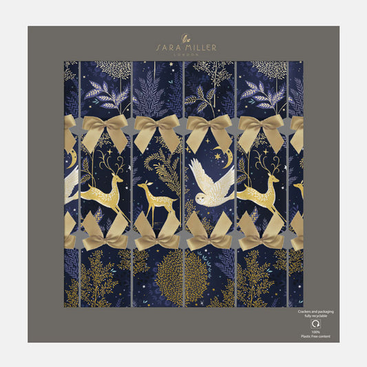 Decorative Christmas crackers with deer, bow, and star pattern on a blue background.