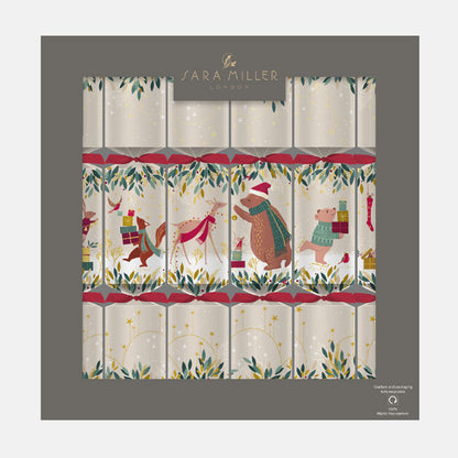 Decorative Christmas crackers with festive animal designs in white and red tones.
