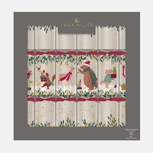 Decorative Christmas crackers with festive animal designs in white and red tones.