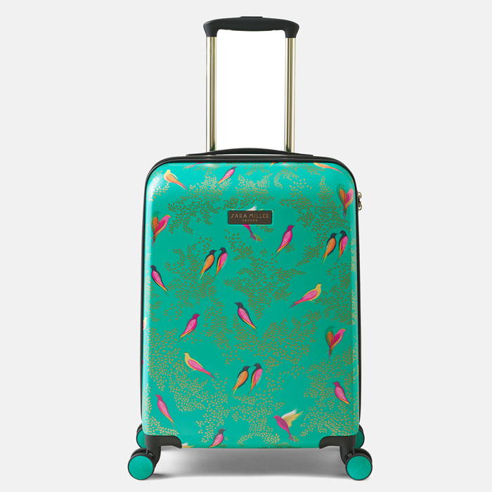 Cabin suitcase with green birds design.
