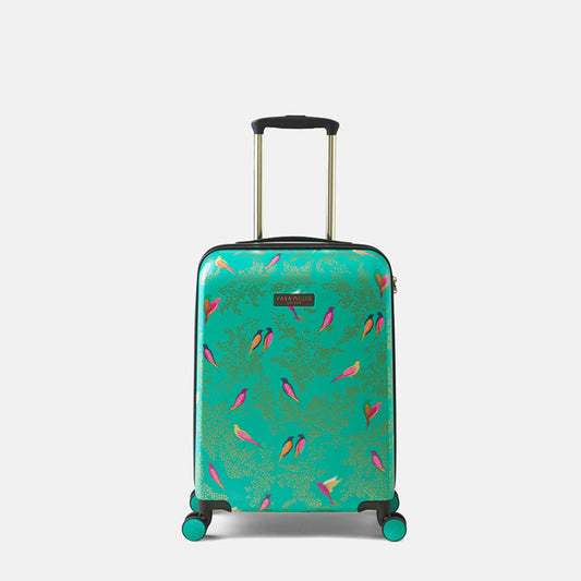 A hard-shell spinner suitcase in a vibrant  green with a pattern of colourful birds, featuring an extended telescopic handle and four wheels, set against a plain light grey background.