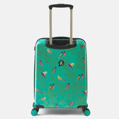 Back of cabin case with green birds design, shows gold embossed Sara Miller London logo.