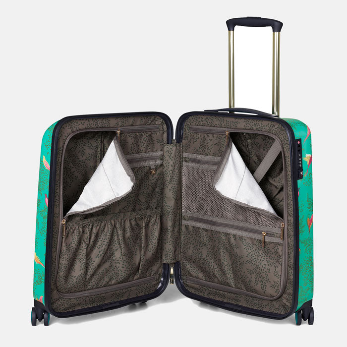 Shows inside of cabin case, with zip compartments and pockets for organisation.