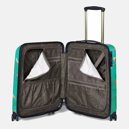 Shows inside of cabin case, with zip compartments and pockets for organisation.