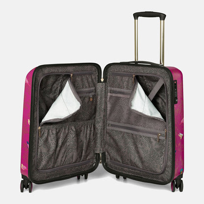 Show inside of suitcase with zip sections and pockets for organisation.