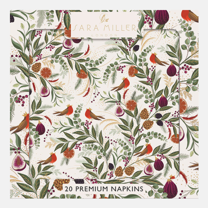 Box of paper napkins with winter foliage, figs and robin design.